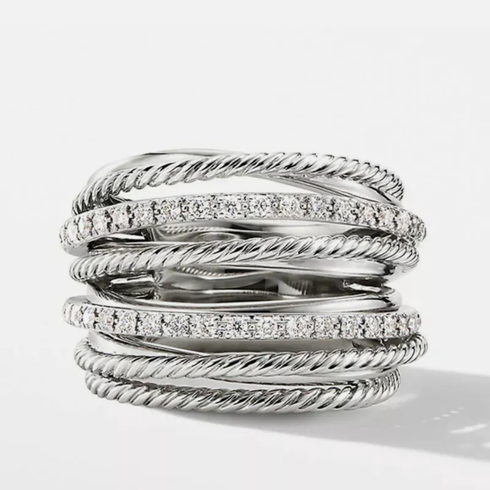 New Elegant Sterling Silver Multi-Band Diamond Ring Size 7